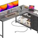 PRAISUN 53" L Shaped Desk with Power Outlets and USB-C Port, Reversible Computer Corner Office Desk with 4 Fabric Drawers and 2 Height-Adjustable Shelves, Large for Gaming Writing Work Study, Grey