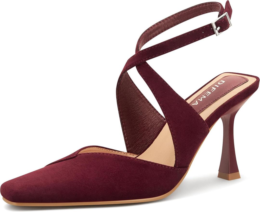Women's Slingback Heels Square Toe Pumps Ankle Strap Dress Shoes (Red)