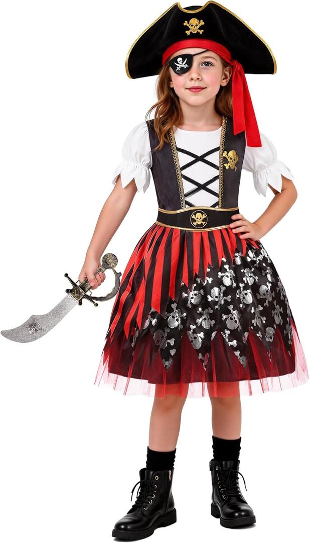 Kids Pirate Costume Girls Deluxe Buccaneer Dress Set for Halloween Party Dress Up, 5-7yrs