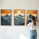 Tinonedraw Large Mountains Framed Canvas Wall Art Set of 3, Boho Nature Woodcut Forest Art Prints, Mid Century Modern Wall Decor, Sunset Landscape Art Paintings for Living Room Bedroom Office 16"x24", 24L" x 16W"