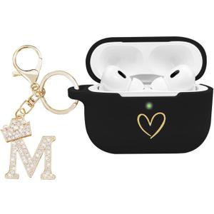 Compatible AirPods Pro 2 Case Cover 2022, Soft Silicone Case with Gold Heart Pattern for AirPods Pro 2nd Generation with Rhinestone Studded Letter A-Z Keychain (M Black)