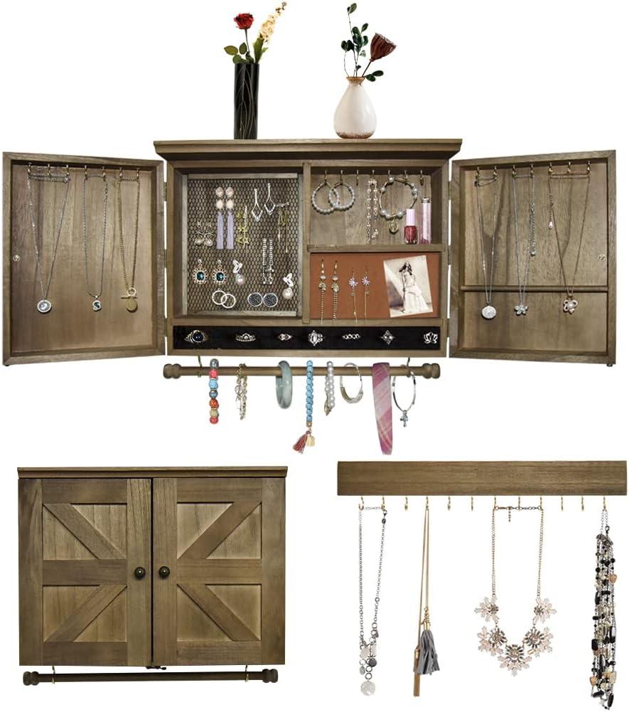 Rustic Wall Mounted Jewelry Organizer with Wooden Barndoor Decor,Wooden Wall Mount Holder,Jewelry holder for Necklaces, Earings, Bracelets, Ring Holder(NATURAL WOOD)