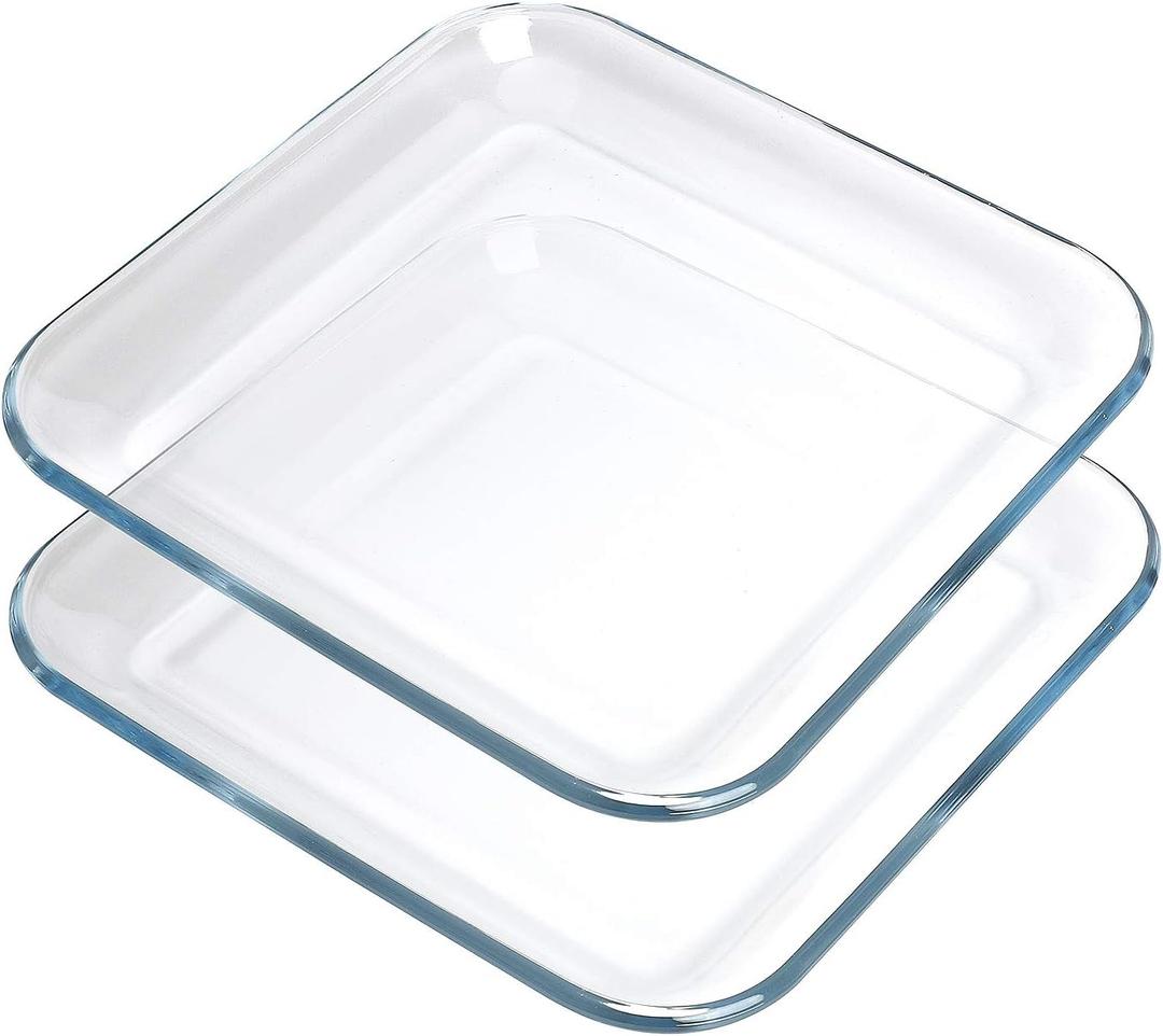 FOYO Oven Basics Glass Plate Set, Square Tempered Glass Serving Plates Pie Plate Salad Plates - 10" Diameter (Set of 2)