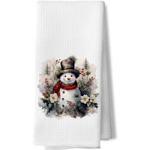 Vintage Christmas Snowman Kitchen Towels, Rustic Winter Botanical Snowman Dish Towels for Kitchen, Farmhouse Christmas Decorative Hand Towels for Bathroom Kitchen,16x24In