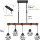 5-Light Kitchen Island Lighting, Farmhouse Chandelier for Dining Room Rustic Wood Ceiling Pendant Light Fixture with Metal Shade, Height Adjustable