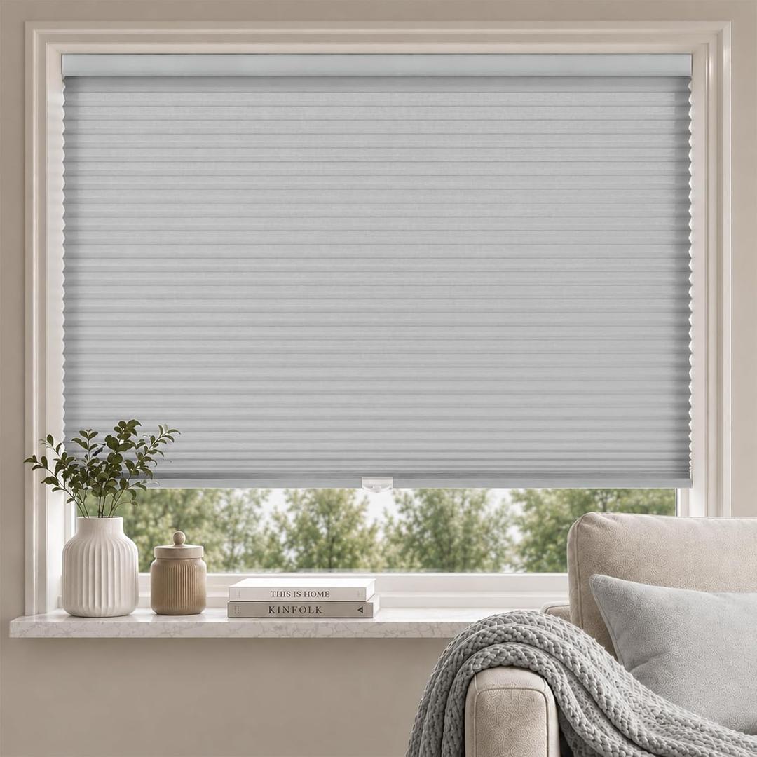 Cordless Light Filtering Cellular Shades for Indoor Windows, Honeycomb Window Blinds with Color-Matched Headrail, Easy Lift Shades for Bedroom, Living Room & Office, Grey, 34" W x 72" H