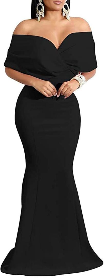 Formal Dresses for Women Cocktail Sexy Off Shoulder Floor Length Long Evening Party Dress with Zipper (3X-Large, Solid/Black)