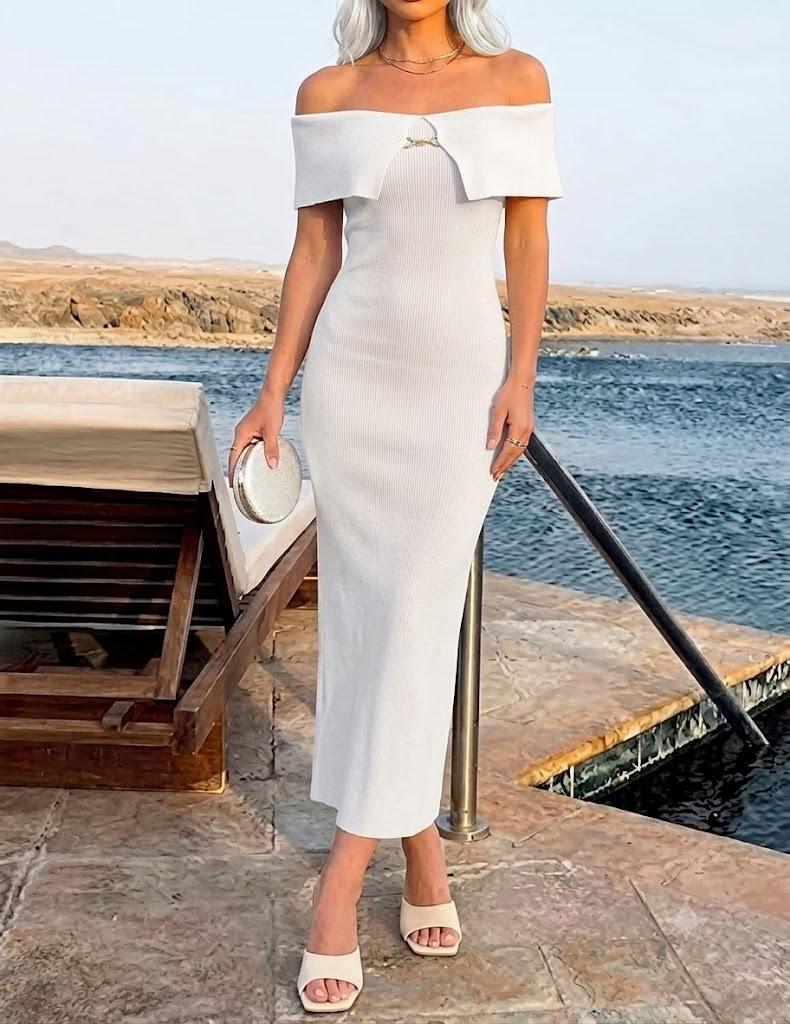 ZESICA Women's Off Shoulder Bodycon Maxi Dress 2026 Summer Ribbed Knit Cocktail Party Formal Sweater Dresses White Medium