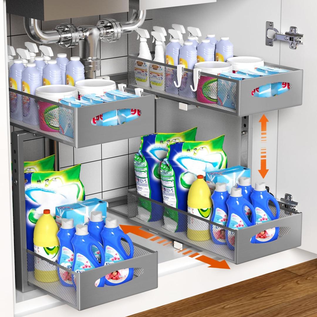 Housolution 2 Pack Under Sink Organizer, 2 Tier Metal Pull Out Under Sink Storage with Sliding Mesh Drawers, Height Adjustable Slide Out Under Sink Organizer for Kitchen Bathroom Cabinet, Gray (2 Pack, Medium-8.85in Wide)