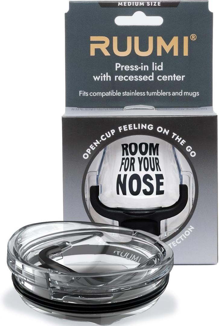 Ruumi Nose Recess Tumbler Lid (Black)  Compatible with 20 oz Yeti Rambler, Ozark Trail, Swig  See Chart for Other Brands/Sizes
