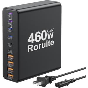 460W USB C Charger Block, 10-Port Charging Station GaN Fast Charger Block Type C & USB A Wall Charger, Dual 65W Laptop Multiport for iPhone, iPad, MacBook Pro/Air, Samsung Galaxy, Android (Black)