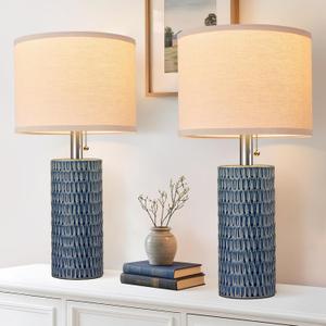 Reaketon 20.5" Modern Ceramic Table Lamps for Bedroom Set of 2, Bedside Lamps for Night Stands with Beige Lampshade, Farmhouse Table Lamp for Living Room Office Dorm, Blue (Dark Blue-1)