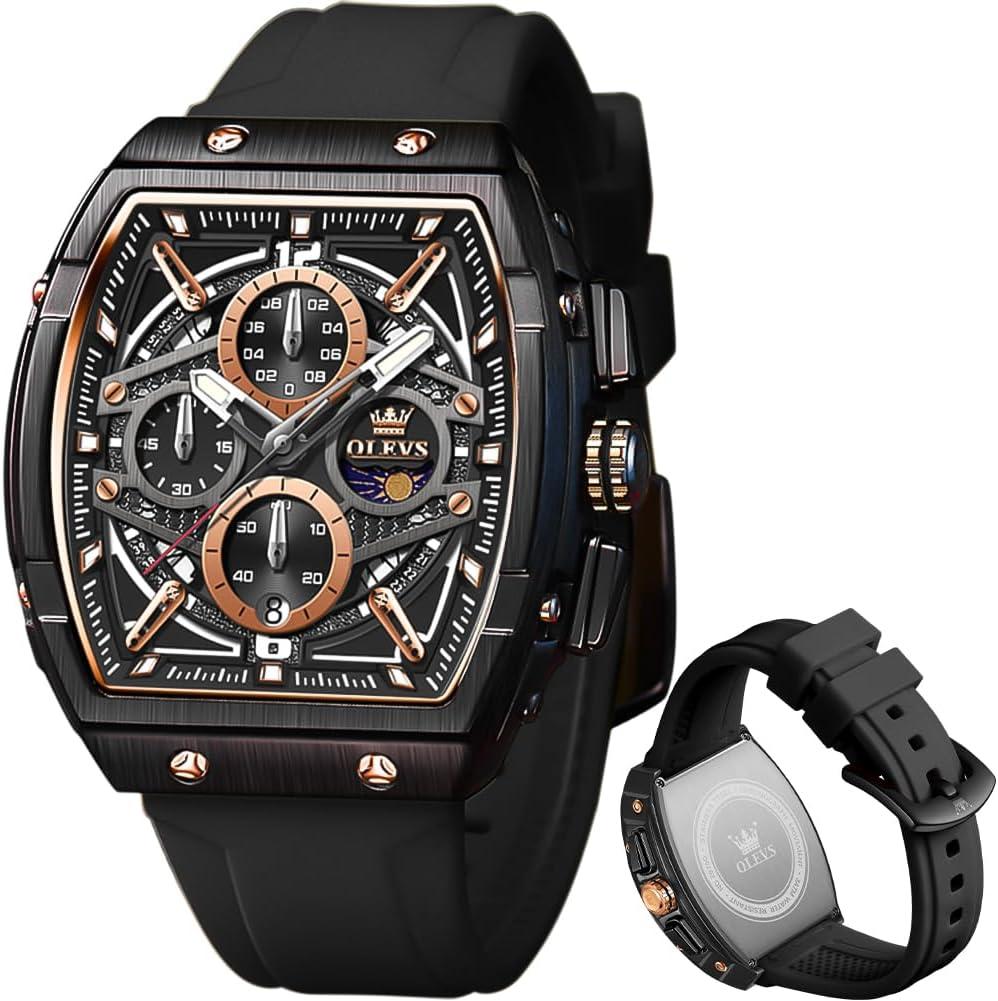 OLEVS Men Watches Business Dress Chronograph Big Square Quartz Analog Male Watch Silicone Strap Waterproof Date Gift Mens Wrsit Watch Silver