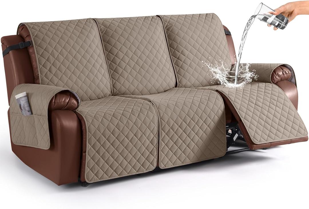 KinCam Waterproof Recliner Sofa Cover, Non-Slip Reclining Couch Covers for 3 Seat, Recliner Couch Cover Furniture Protector with Elastic Straps for Pets, Kids, Taupe