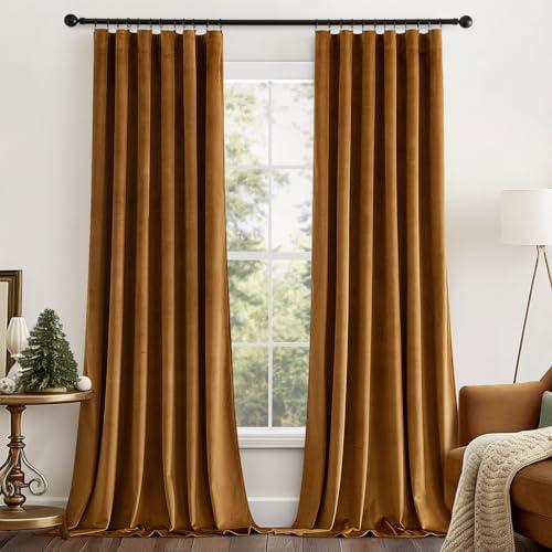 MIULEE Gold Brown Velvet Curtains 90 inches Long 2 Panels - Luxury Pinch Pleated Room Darkening Window Drapes for Bedroom Living Room Thermal Insulated Super Soft Blackout, Back Tab Rod Pocket