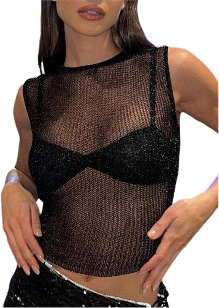 MakeMeChic Women's Crochet Sheer Tank Cover Up Crew Neck Sleeveless Knit Going Out Crop Tops (L)