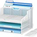 Lavatino Desk Paper File Organizer - Metal Mesh with 2 Letter Trays, 7 Flexible Dividers, 2 Vertical File Folder Holders for Office/Home/Classroom Supplies, Desk Organizers and Accessories, White