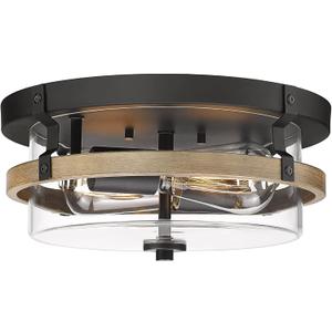 EAPUDUN Farmhouse Ceiling Light, Wooden Flush Mount Ceiling Light Fixtures with Clear Glass Shade, Retro 2-Light Ceiling Lamp for Hallway Entryway Bedroom Kitchen Dining Room FMA1443-FBDT