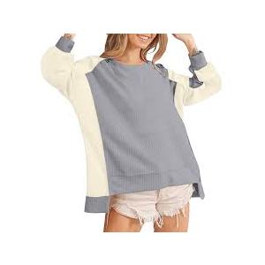 Dokotoo Sweatshirt for Women Oversized Waffle Knit Crewneck Sweatshirts Long Sleeve Side Slits Casual Pullover Tops Size M