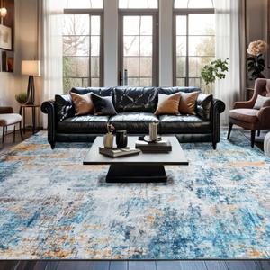 Area Rug 8x10 Washable Rugs Modern Abstract Area Rug Soft Non-Slip Non-Shedding Faux Wool Stain Resistant Floor Carpets for Living Room Bedroom Dining Room Kids Room Home Office (Teal, Rust) (8' x 10' (96"x120"), Blue/Rust)