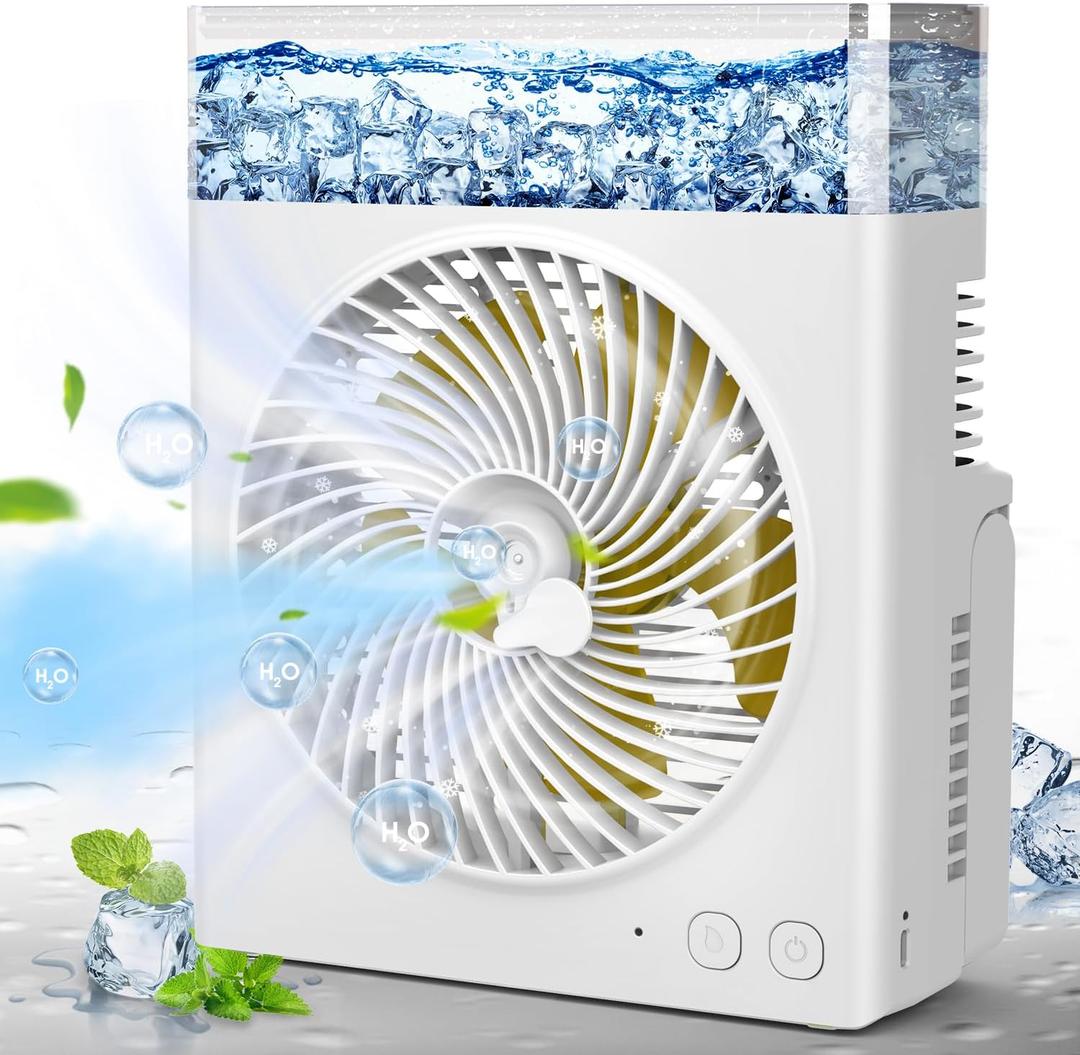 Portable Misting Fan, 8000mAh 8-Inch Rechargeable Water Cooling Mist Fan with 600mL Water Tank, Quiet USB Battery Powered, Perfect for Camping Home Outside Office Travel (White)