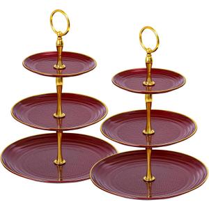 Soleebee 3-Tier Cupcake Stand, Round Plastic Tiered Serving Tray, Cup Cake Tower for Birthday Wedding Party Decoration, Cupcake Tier Stand Fruits Desserts Display 2 Pack (Burgundy Gold)