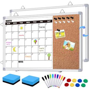 Calendar Whiteboard for Wall, 24" x 18" Double Sided Monthly Dry Erase Board Calendar for Office, Home, School, Hanging Cork Board White Board Combo, Portable Magnetic Dry Erase Planner Board