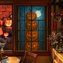 HOMETITUTE Halloween Window Film 31x47 Inch Pumpkin Stack Spooky Forest Decorative Window Sticker with Full Moon Bats Scene Windows Film for Halloween Glass Door Haunted House Party Decor