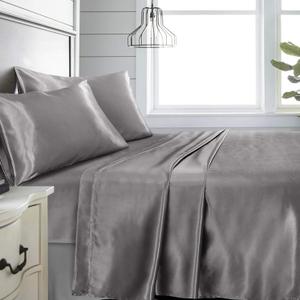 Niagara Full Grey Bed Sheet Set 4 Pieces Silky Smooth Bridal Satin Deep Pocket Fitted, Flat, 2 Pillow Cases Wrinkle Stain, Fade Resistant (Grey Satin, Full)