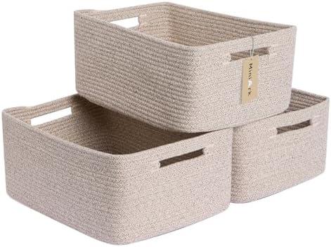 MiniArk Large Storage Baskets for Shelves, Closet Organizers Bins for Clothes Blanket Towels, Baby Nursery, Toy Baskets Box, Woven Rope Baskets, 17 x 13 x 7.5”, 3 Packs Mixed Brown