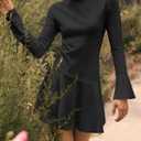 Wenrine Womens Bell Long Sleeve Ribbed Knit Dress Casual Mock Neck Drop Waist Slim Fit Fall Mini Dresses Pea Green