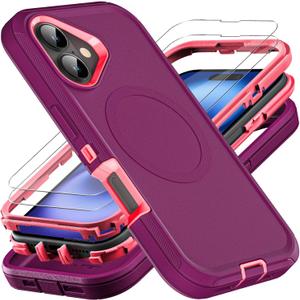 for iPhone 16 Case, Compatible with Magsafe, Military Grade 3 in 1 Heavy Duty Shockproof/Drop Proof/Dust Proof Case with 2Pcs Tempered Glass Screen Protector (New-Purple/Pink)