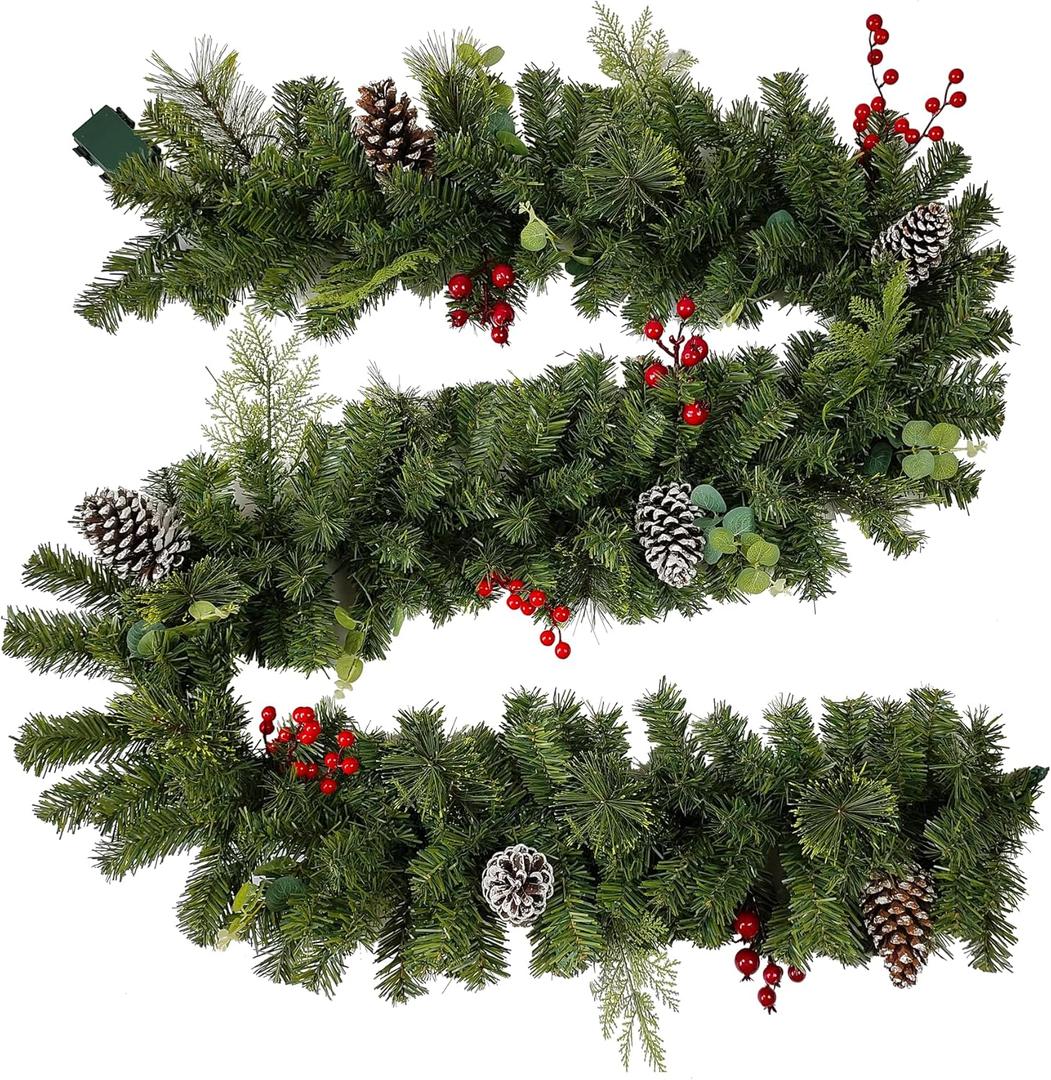 prelit Christmas Garland 9 ft with Lights - Red Style Pre lit Garland for Christmas Holiday Decorations. Thick Branch 230 Tips. 50 led Warm Yellow Lights| Pine Cones Dyed White| Red Berries