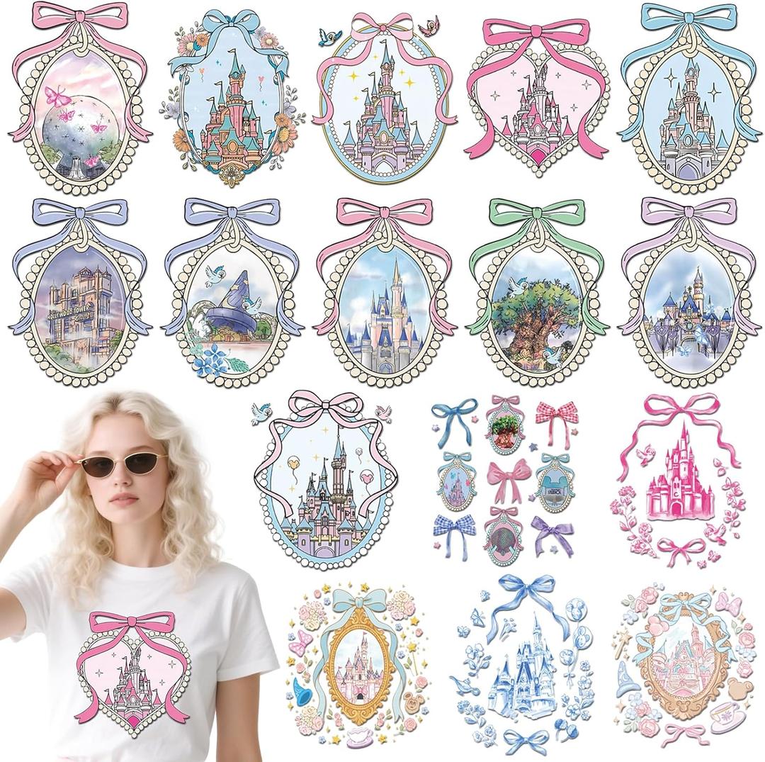 RiVolTa Castle Iron on Transfers - 16 Sheets Cute DTF Ready to Press for T Shirts Watercolor Magic Mirror Forest Heat Stickers Patches Vinyl Decals for Women Girls Clothing Bag Hat Pillow DIY Crafts