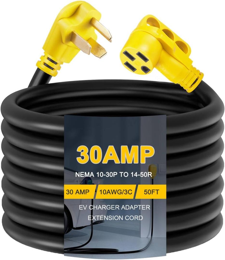 50ft EV Charger Adapter Cord Compatible with NEMA 10-30P to 14-50R, 30 Amp 3 Prong Dryer to 50 Amp 4 Prong EV for Tesla or EV Level 2 Charging, NOT for RV, Heavy Duty EV Adapter, ETL Listed