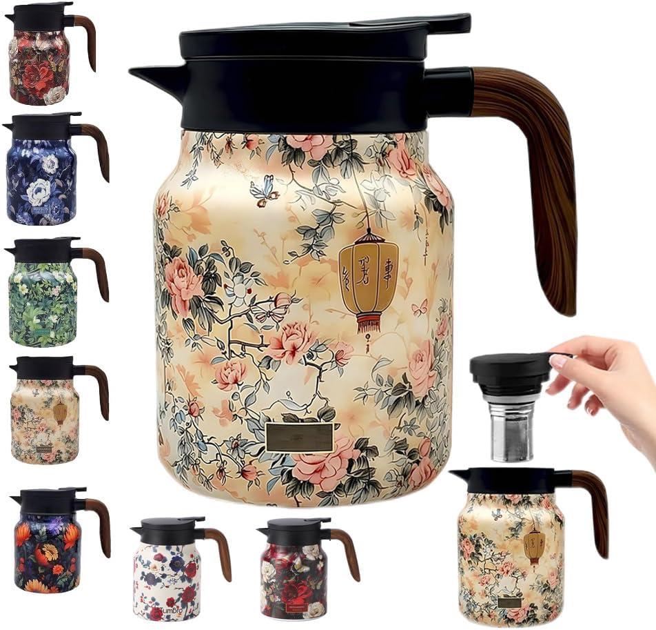 Vintage Floral Pattern Tea Pots – Built-in Infuser, Vintage Floral Teapot with Built In Infuser Stainless Steel Thermal Carafe with Lid for Hot Drinks, Pink(Wooden handle, 35oz)