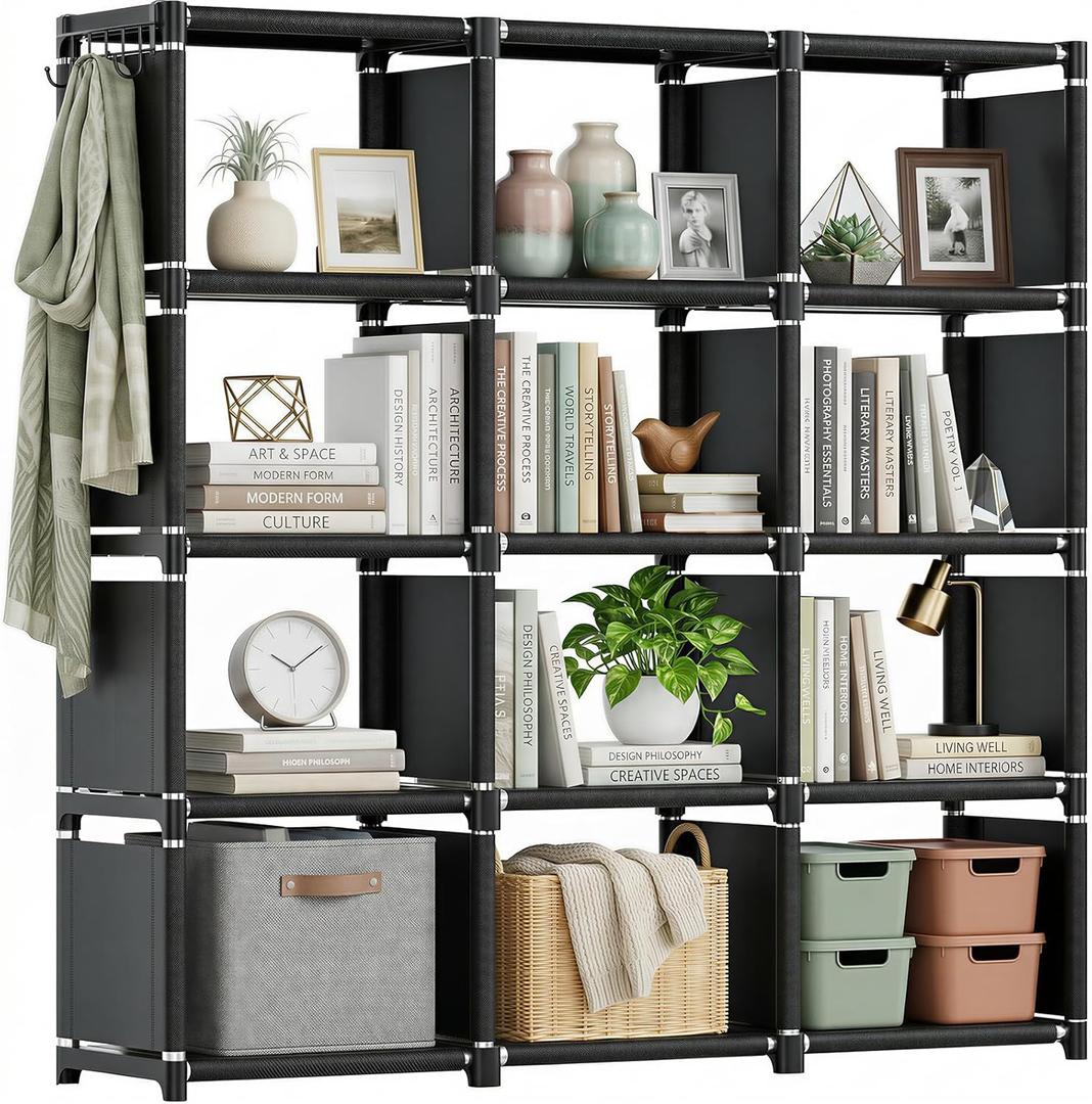 Mavivegue Book Shelf, 12 Cube Storage Organizer, DIY Bookcase, Metal Bookshelf,Tall Book case for Bedroom, Living Room,Office,Closet, Black Cubicle Rack