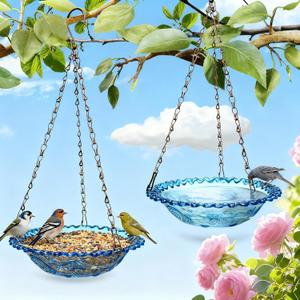 2 Pack Super Value Hanging Plastic Bird Baths and Feeders for Outdoors Bird Water Bowls and Seed Trays Set Attract Wild Birds Garden Yard Decor Gift (Blue)