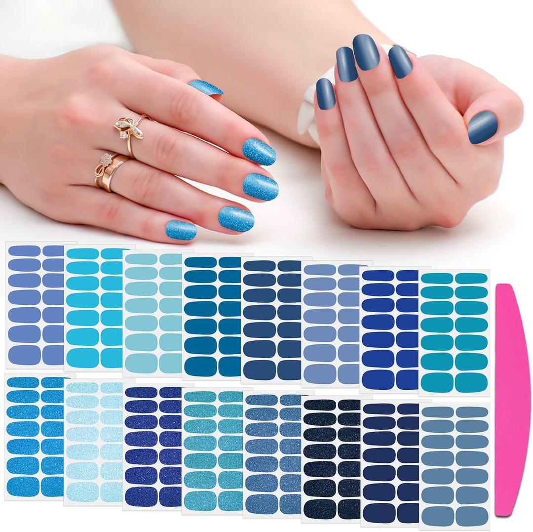 16 Sheets Blue Nail Wraps for Women Glitter Solid Color Nail Polish Stickers Stick on Nail Polish Strips Gel Nail Strips Self Adhesive Fingernail Manicure Design with Nail File (Elegant Blue Style)