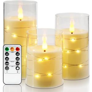 Amagic LED Flameless Candles, Battery Operated Candles with Embedded Fairy Lights, Acrylic Fake Candles with Remote and Timer for Wedding Home Decor, Ivory White, Set of 3, D3 x H4 5" 6"