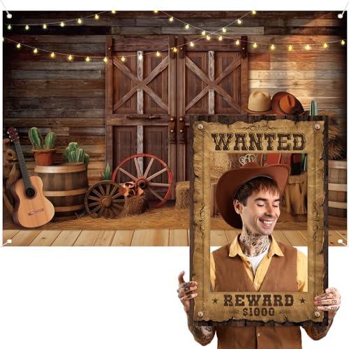 Motipuns Western Party Decorations Wanted Poster Frame Wild West Backdrop Cowboy Photo Booth Set 7 x 5 ft Rustic Barn Door Vintage Background for Birthday Rodeo Party