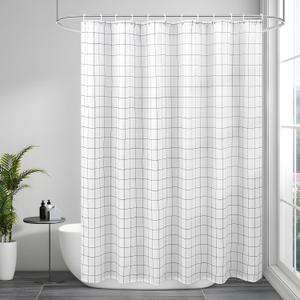 AooHome Extra Long Black and White Shower Curtain, 72 x 84 Inch Geometric Plaid Pattern Fabric Bathroom Curtain Liner with Hooks, Heavy Duty, Weighted Hem, Water Repellent, 72 Width by 84 inch Height