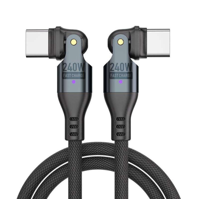 USB-C Charging Cable – 240W 6ft USB-C Cable Fast Charging – Heavy-Duty Nylon Swivel Charger Cord with 180-Degree Rotating Head – Right Angle Charger for Games, Car, Data Transfer (Black)