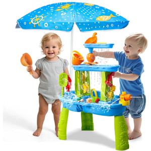 AuntyFey Water Table for Toddlers 1-3-5, Toddler Sand Table, Kids Water Table with Umbrella for Outside Kids Ages 4-8, Blue