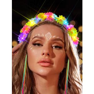 JONKY Light Up Daisy Headband Rainbow Hippie Flower LED Headbands Tassel Floral Headpiece Rave Hair Accessories for Women (Style2)