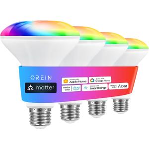 OREiN Matter Smart Light Bulb, BR30 Smart Light Bulbs 650LM 60W, Recessed Color Changing Bulbs RGBTW, Smart Flood Light Bulb Compatible with Alexa, Apple Home, Google Home, SmartThings, 4Pack