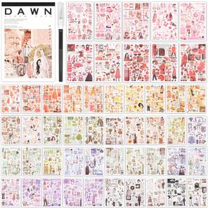 Vintage Washi Stickers for Scrapbooking, Scrapbook Stickers for Junk Journals, 50 Sheets Aesthetic Sticker Book for Journaling Supplies,Art Bullet Journals for Adults Teens Girls with 1pcs Carving (Dawn Video)