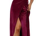 MEROKEETY Women's V Neck Wrap Velvet Maxi Wedding Guest Dress Bell Sleeve Split Bridesmaid Cocktail Party Formal Dresses (Large, Burgundy)
