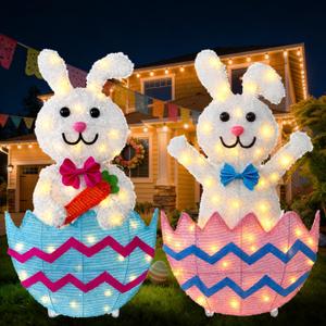 Outdoor Easter Decorations Yard Decor, Set of 2 Lighted Metal Bunny, 35 Inch Wide, Lights Plug in LEDs for Porch Lawn Garden Holiday Displays