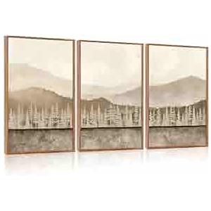 Aurlan Abstract Neutral Tan Nature Landscape Wall Art Set(16”x24”), 3 Pieces Duotone Beige Misty Mountain Framed Canvas Artwork, Large Modern Pine Tree Foggy Forest Wall Decor for Office Bedroom Living Room